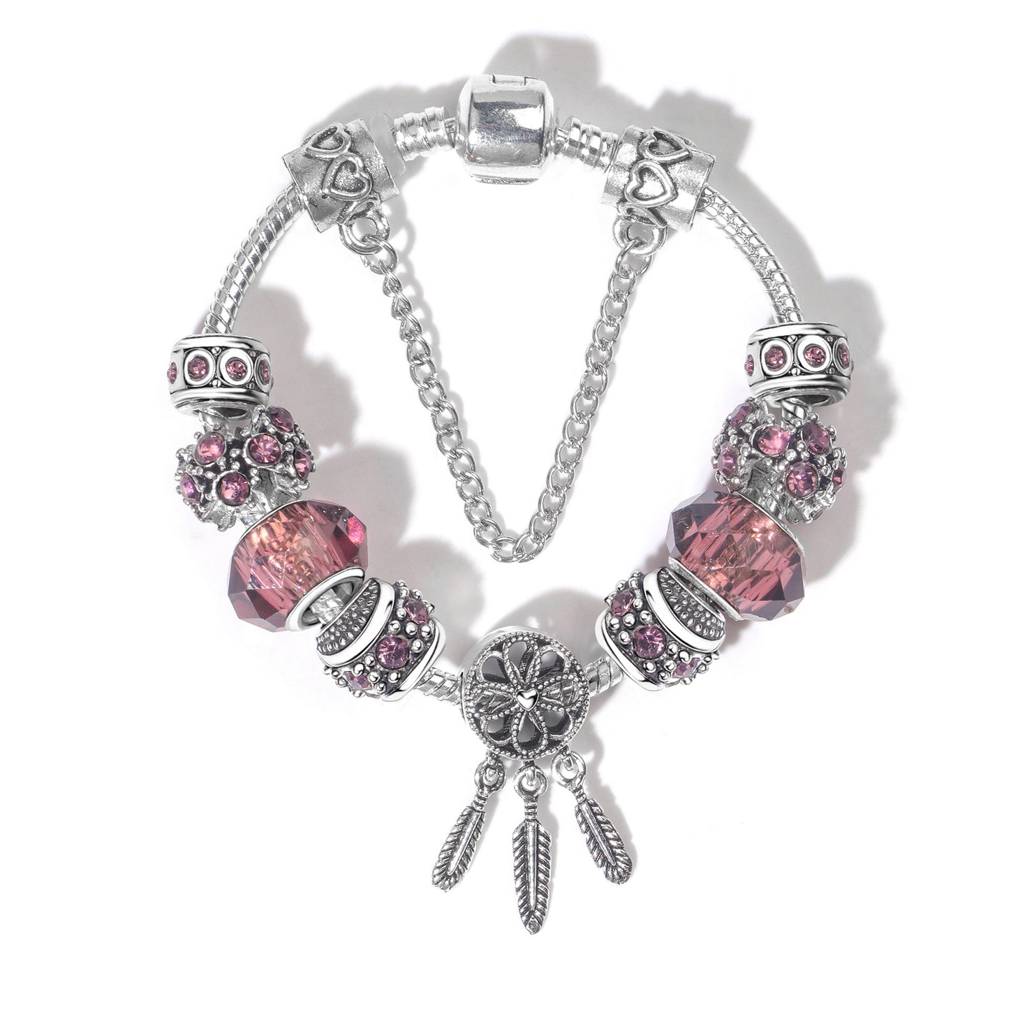 Rose Red Rhinestone Big Hole Beaded Bracelet, Alloy Electroplated(17cm) V1132-NSSL70-17