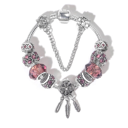 Rose Red Rhinestone Big Hole Beaded Bracelet, Alloy Electroplated(17cm) V1132-NSSL70-17