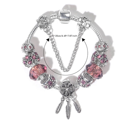 Rose Red Rhinestone Big Hole Beaded Bracelet, Alloy Electroplated(17cm) V1132-NSSL70-17