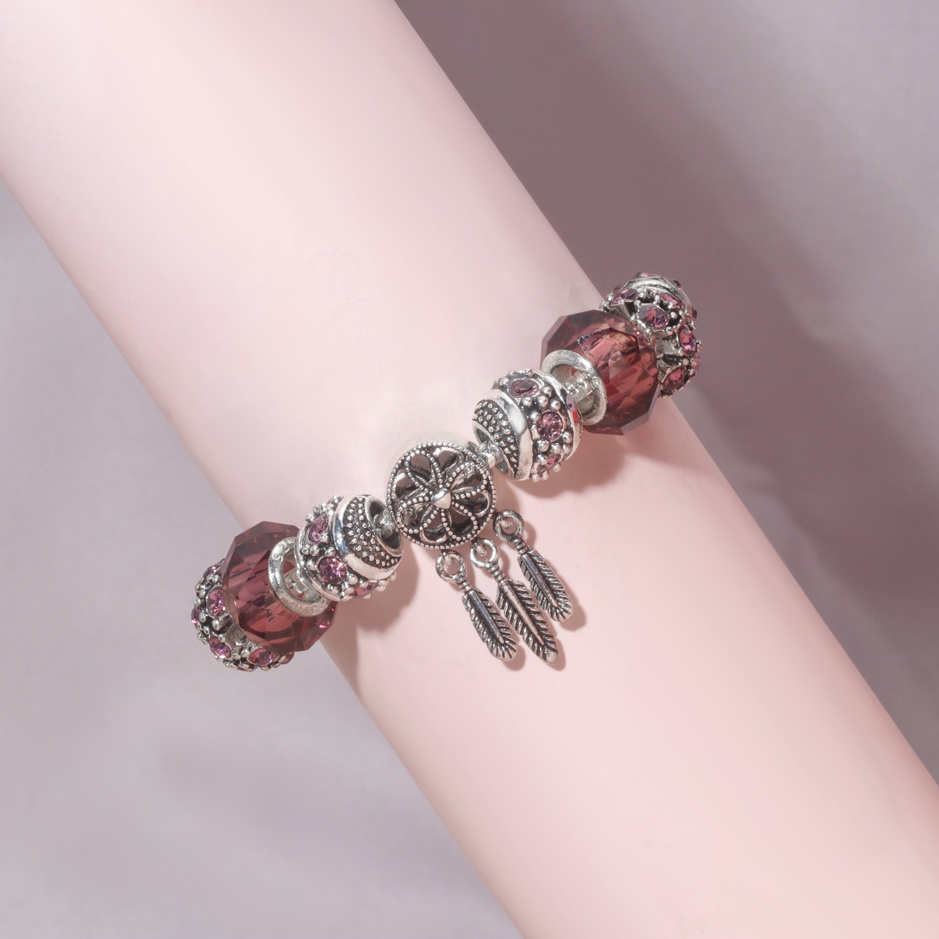 Rose Red Rhinestone Big Hole Beaded Bracelet, Alloy Electroplated(17cm) V1132-NSSL70-17