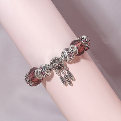 Rose Red Rhinestone Big Hole Beaded Bracelet, Alloy Electroplated(17cm) V1132-NSSL70-17