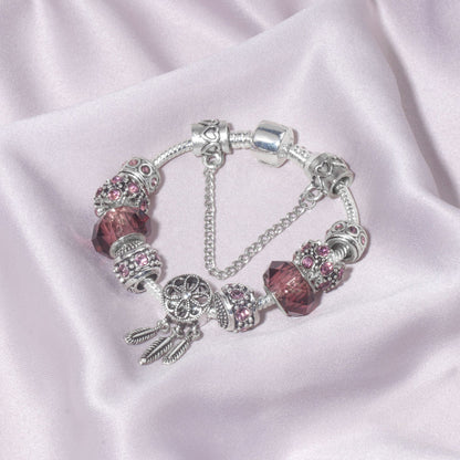 Rose Red Rhinestone Big Hole Beaded Bracelet, Alloy Electroplated(17cm) V1132-NSSL70-17