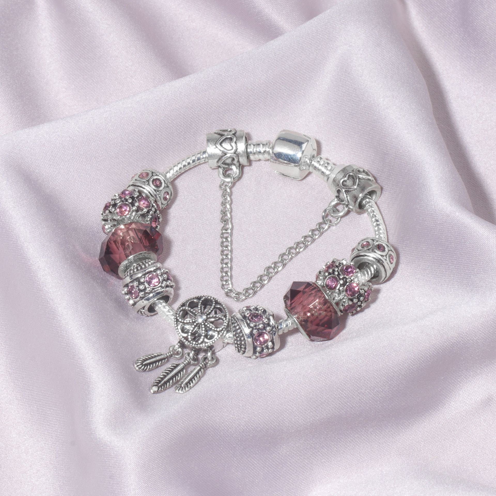 Rose Red Rhinestone Big Hole Beaded Bracelet, Alloy Electroplated(18cm) V1132-NSSL70-18