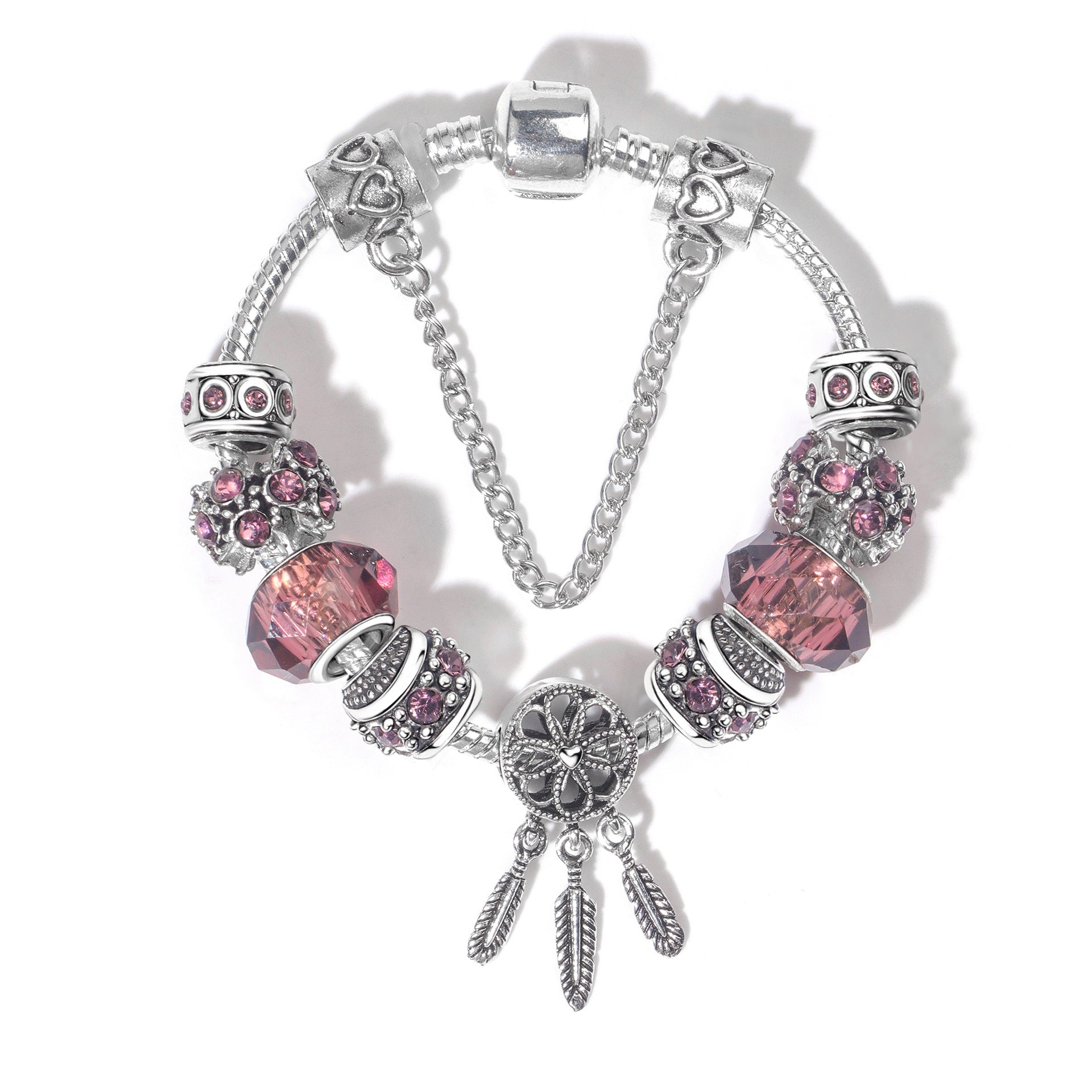Rose Red Rhinestone Big Hole Beaded Bracelet, Alloy Electroplated(19cm) V1132-NSSL70-19