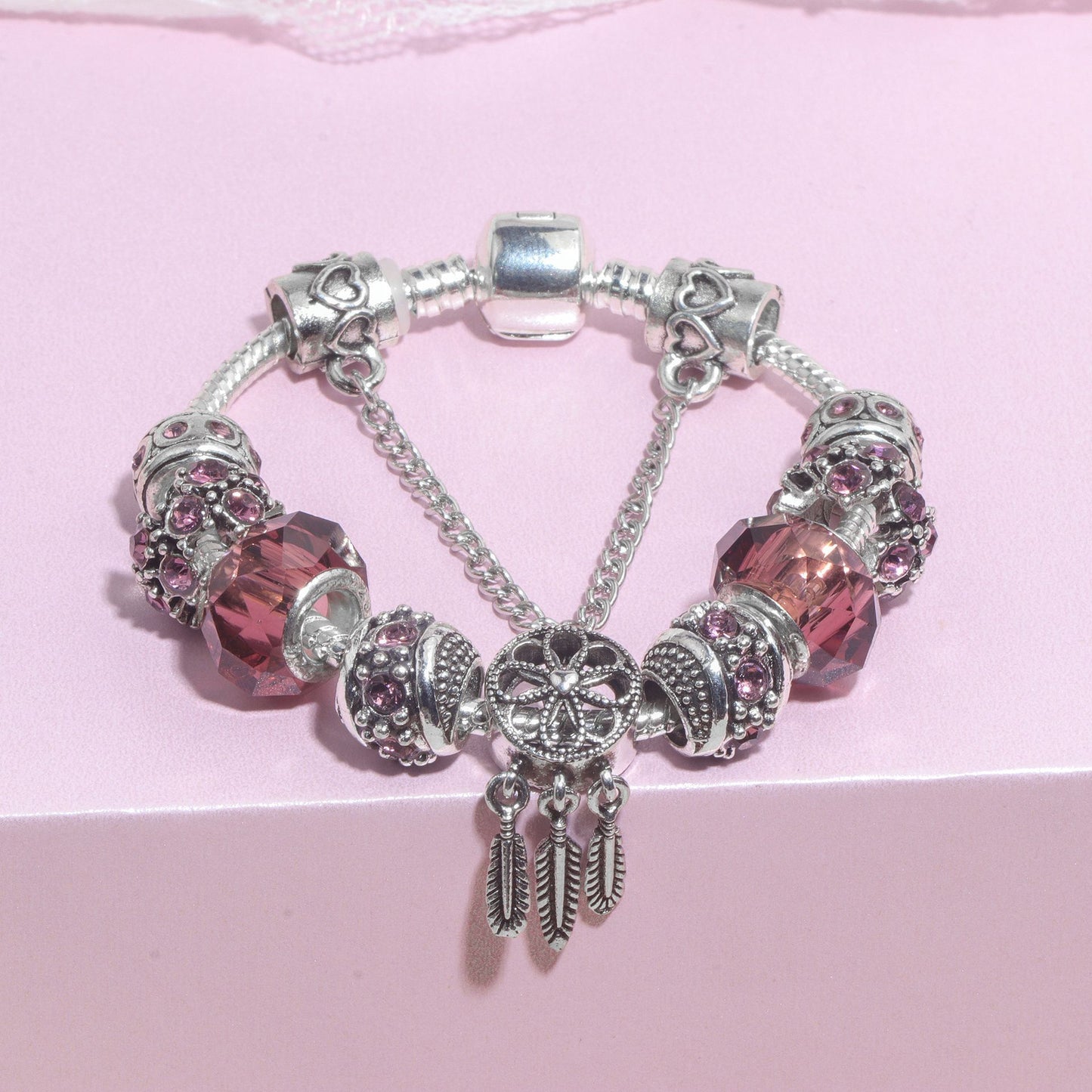 Rose Red Rhinestone Big Hole Beaded Bracelet, Alloy Electroplated(19cm) V1132-NSSL70-19