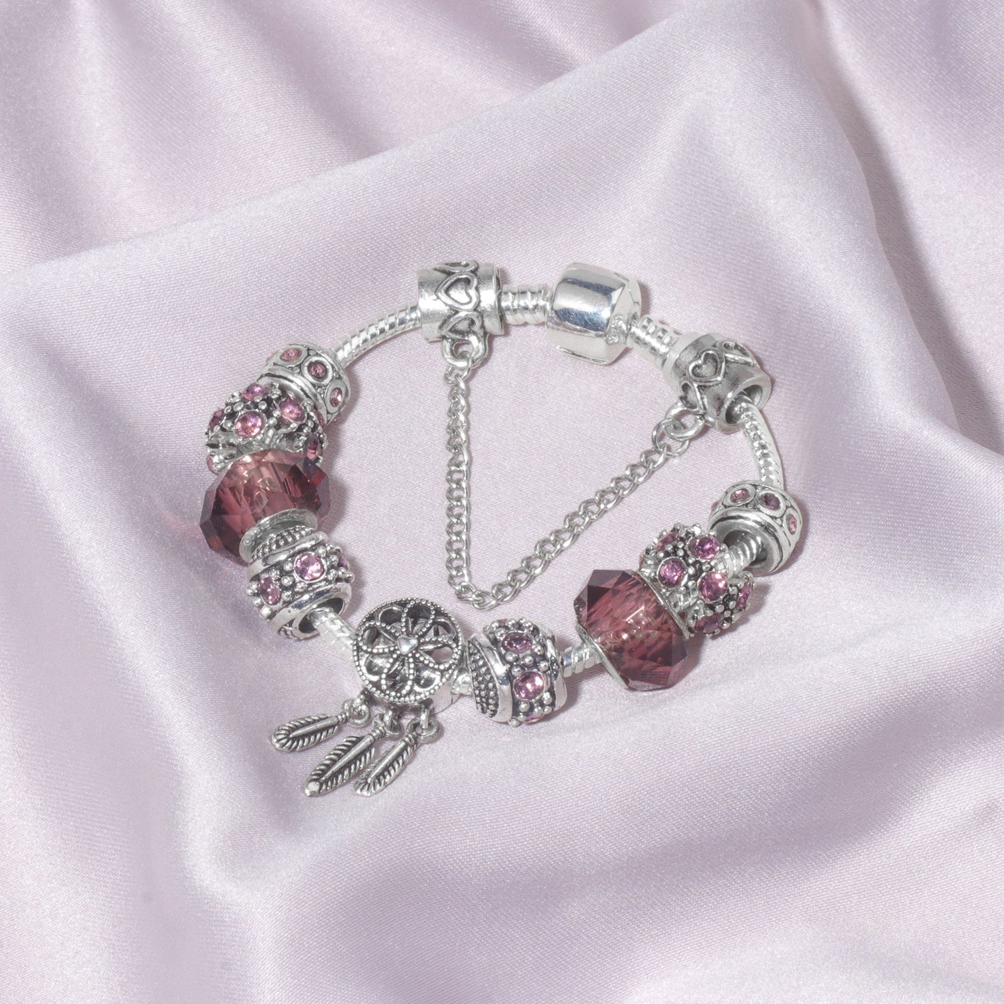 Rose Red Rhinestone Big Hole Beaded Bracelet, Alloy Electroplated(19cm) V1132-NSSL70-19