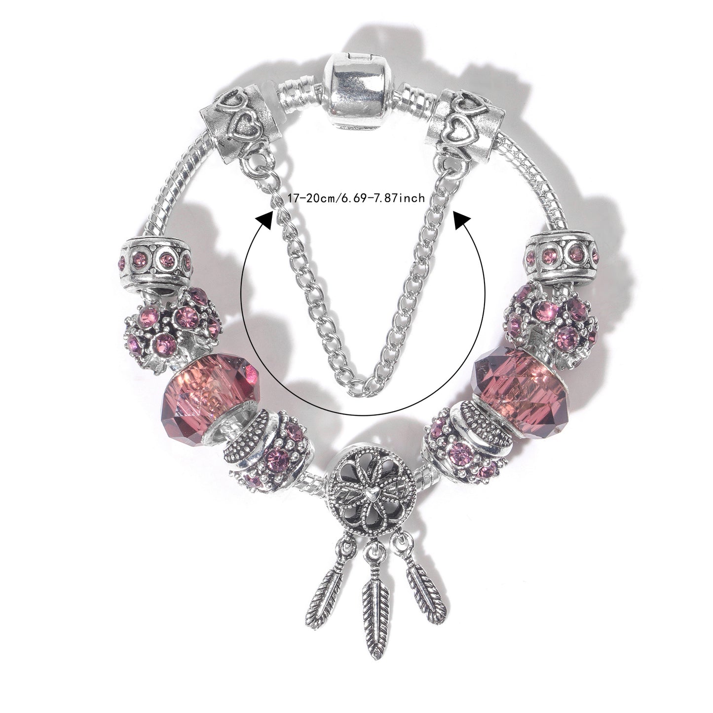 Rose Red Rhinestone Big Hole Beaded Bracelet, Alloy Electroplated(20cm) V1132-NSSL70-20