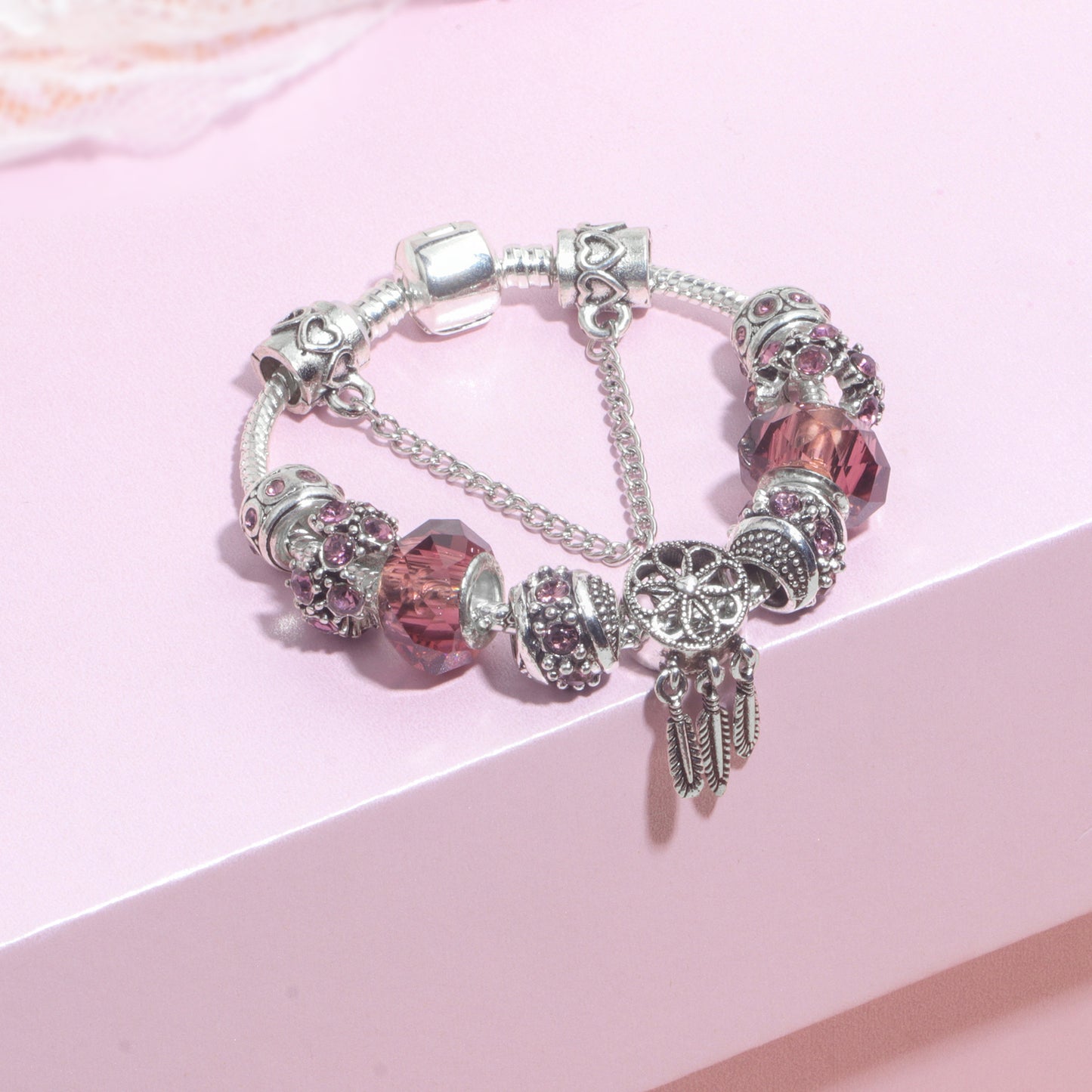Rose Red Rhinestone Big Hole Beaded Bracelet, Alloy Electroplated(20cm) V1132-NSSL70-20