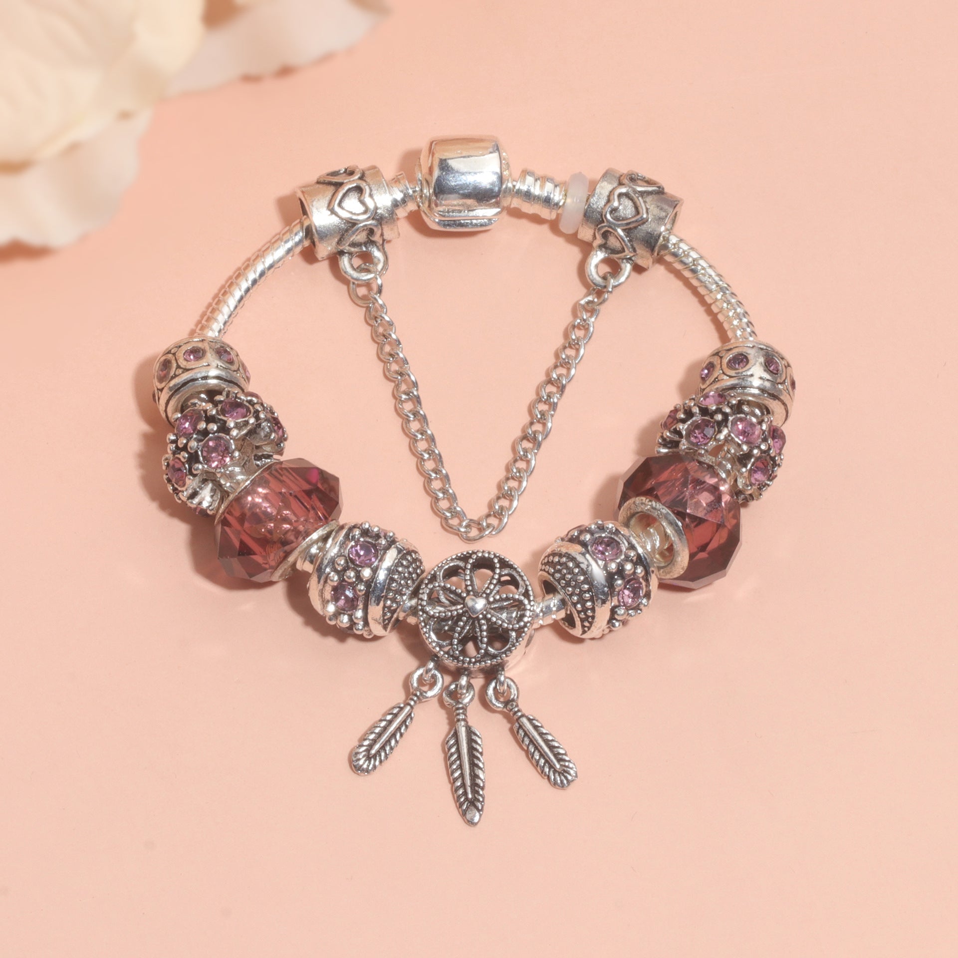 Rose Red Rhinestone Big Hole Beaded Bracelet, Alloy Electroplated(20cm) V1132-NSSL70-20