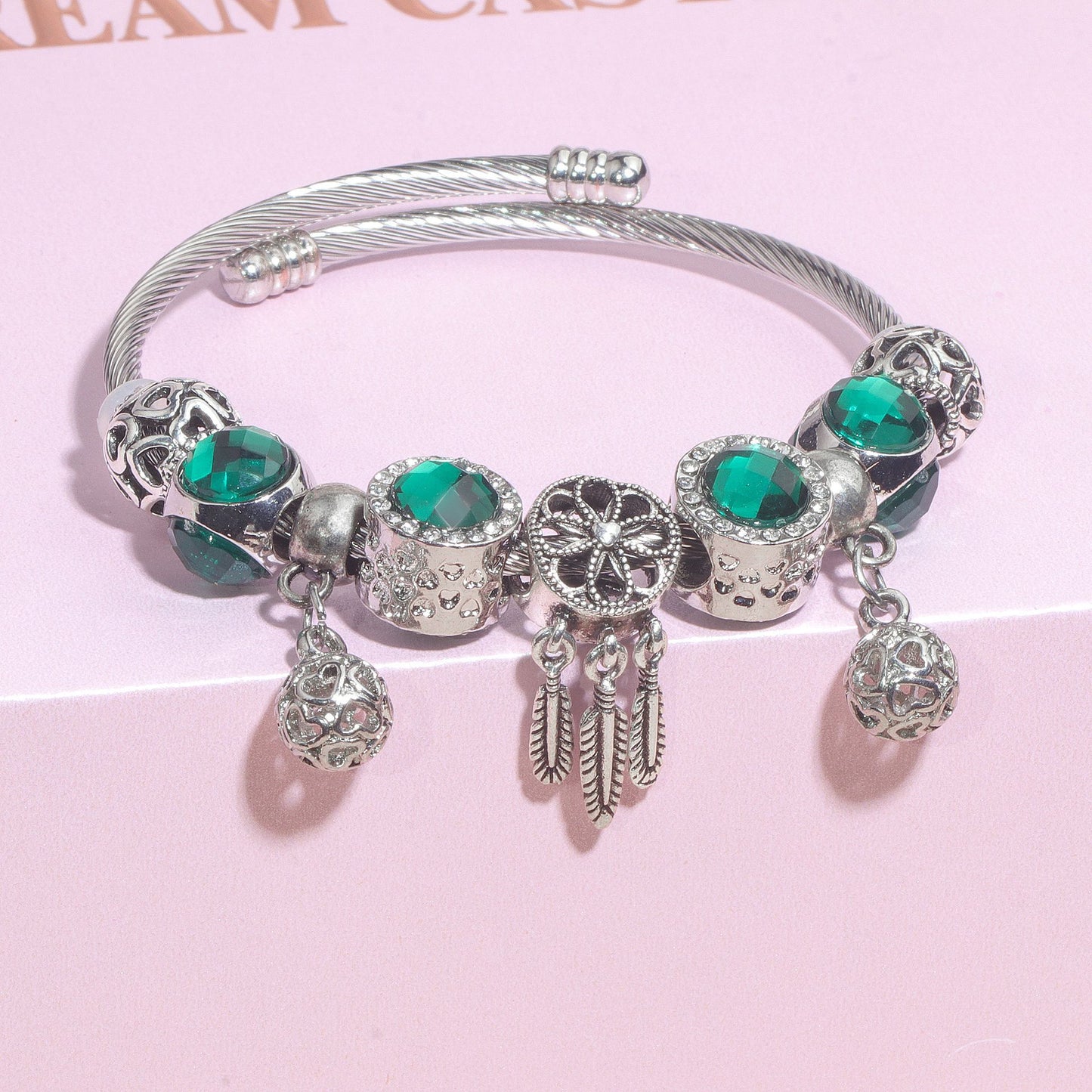 Luxury Light Green Emerald Crystal Hollow Heart Beaded DIY Bracelet(18cm) V1132-NSSL71-18