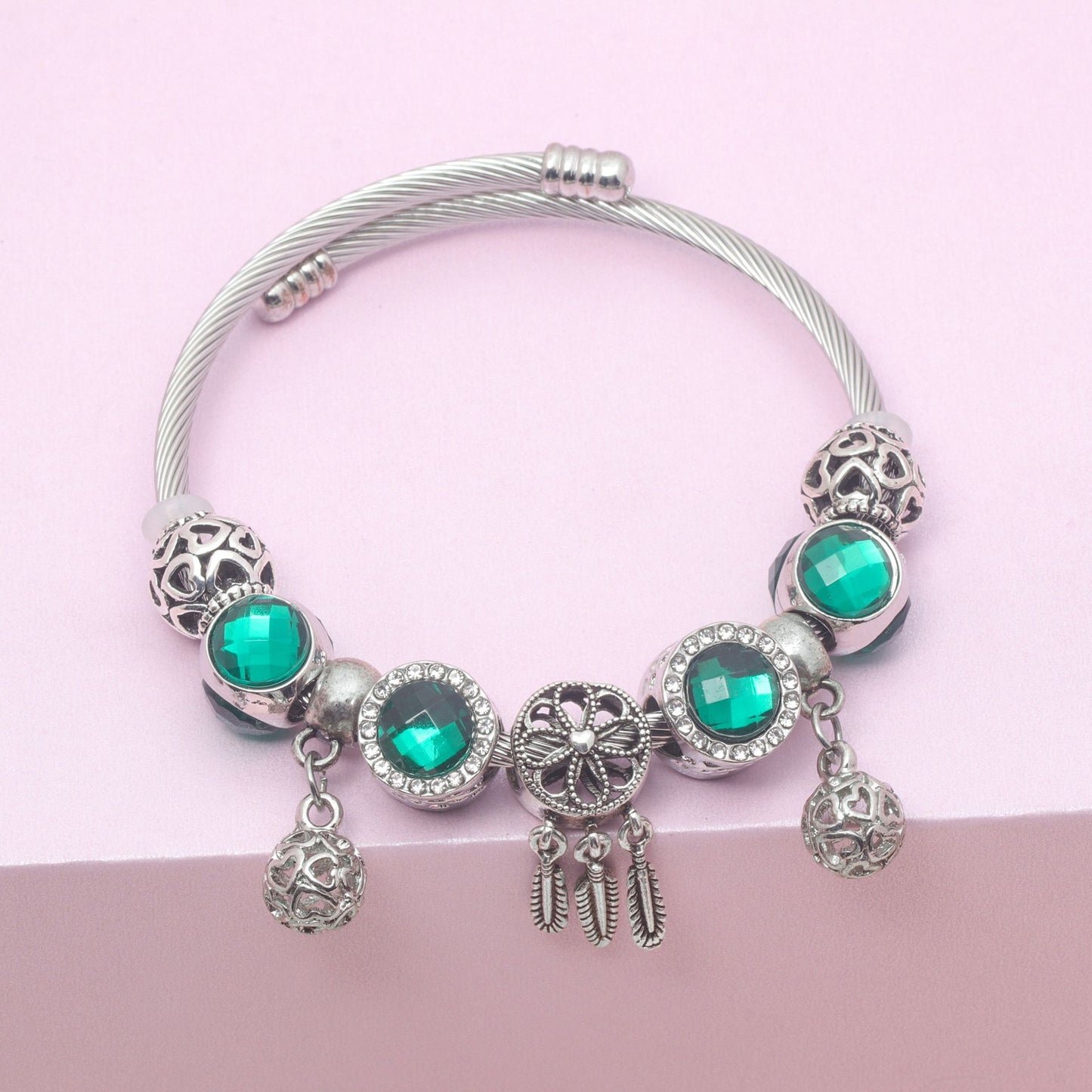 Luxury Light Green Emerald Crystal Hollow Heart Beaded DIY Bracelet(18cm) V1132-NSSL71-18