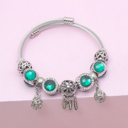 Luxury Light Green Emerald Crystal Hollow Heart Beaded DIY Bracelet(18cm) V1132-NSSL71-18
