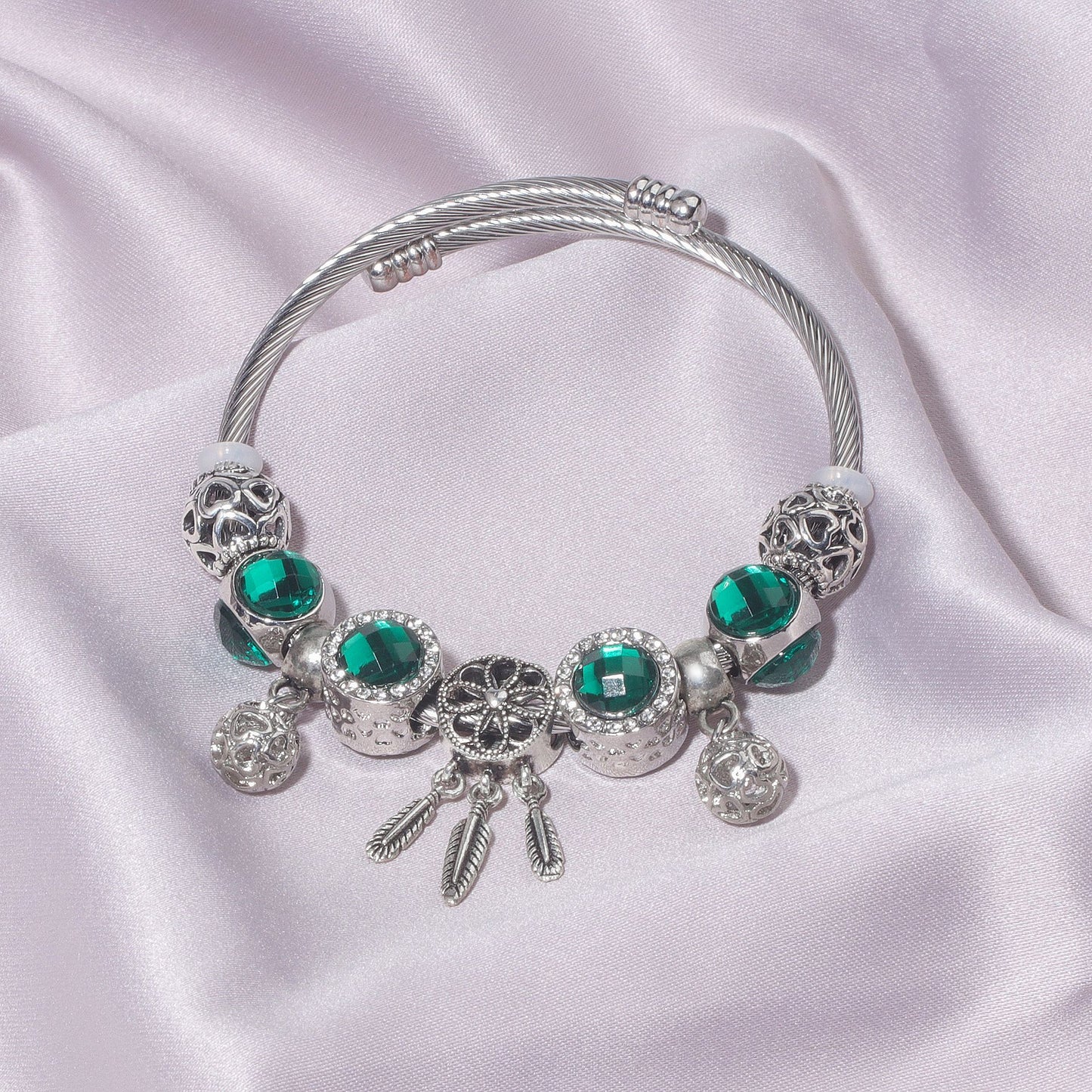 Luxury Light Green Emerald Crystal Hollow Heart Beaded DIY Bracelet(18cm) V1132-NSSL71-18