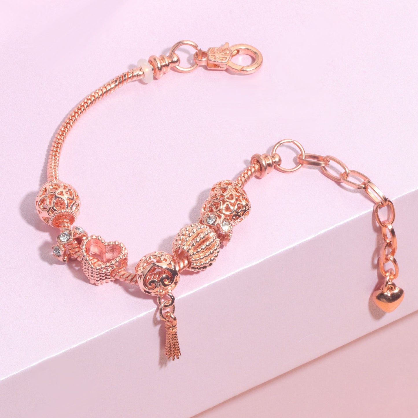 Rose Gold Hollow Carved Heart Bead Tassel Bracelet(16cm) V1132-NSSL73-16