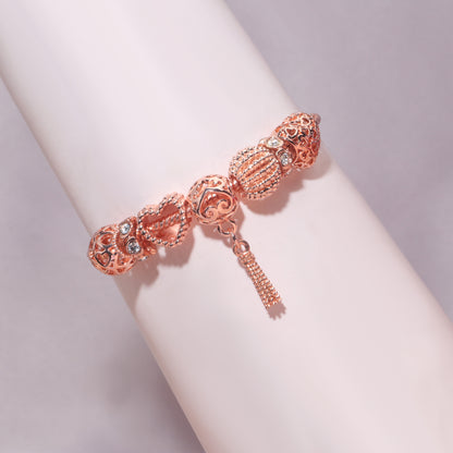 Rose Gold Hollow Carved Heart Bead Tassel Bracelet(18cm) V1132-NSSL73-18