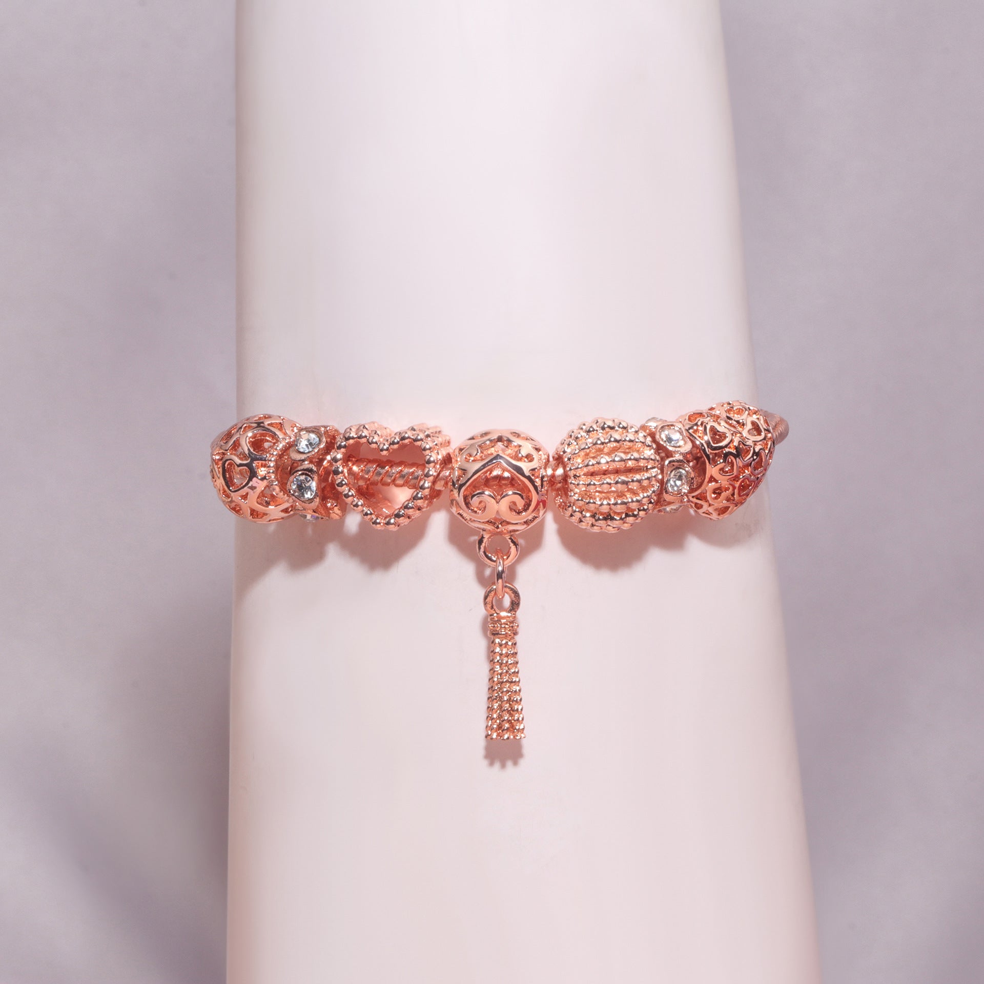 Rose Gold Hollow Carved Heart Bead Tassel Bracelet(18cm) V1132-NSSL73-18