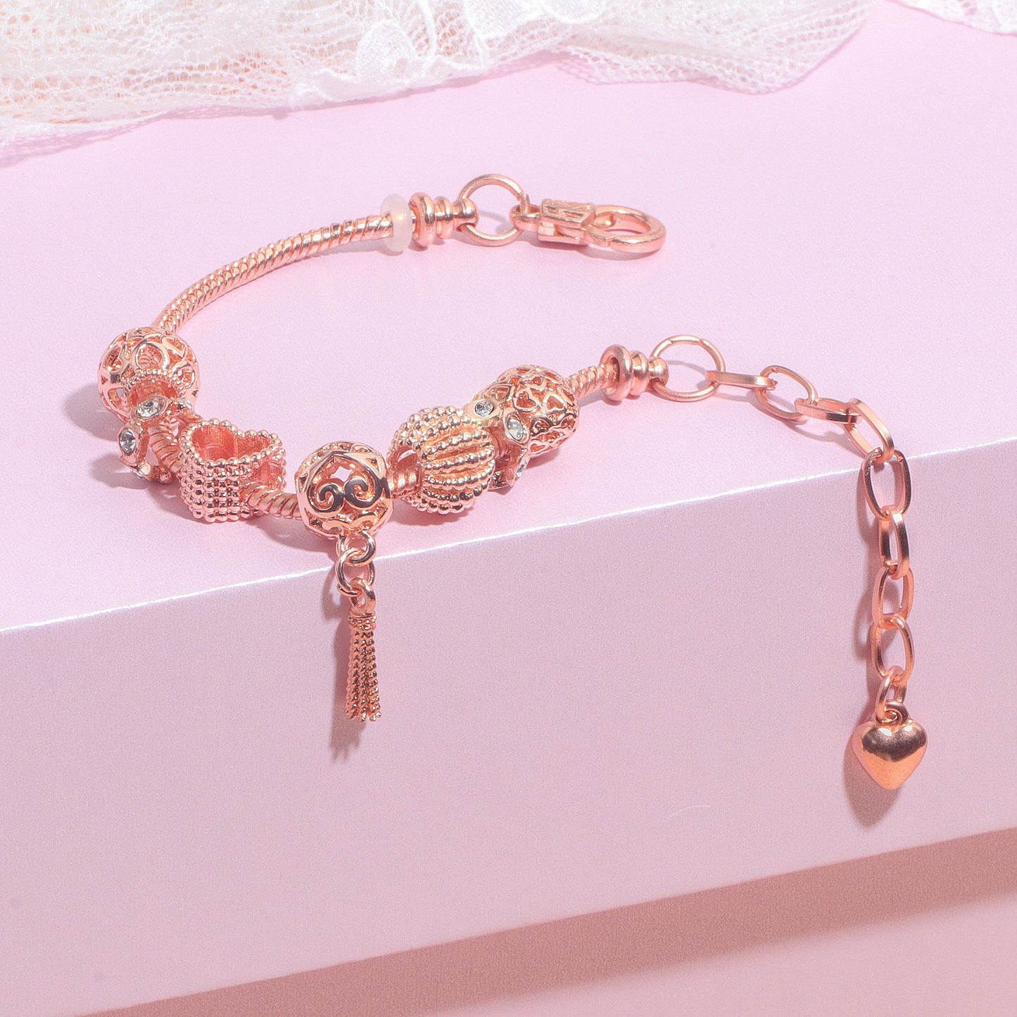 Rose Gold Hollow Carved Heart Bead Tassel Bracelet(19cm) V1132-NSSL73-19