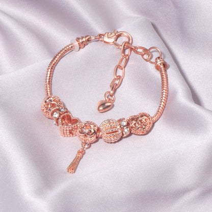 Rose Gold Hollow Carved Heart Bead Tassel Bracelet(19cm) V1132-NSSL73-19