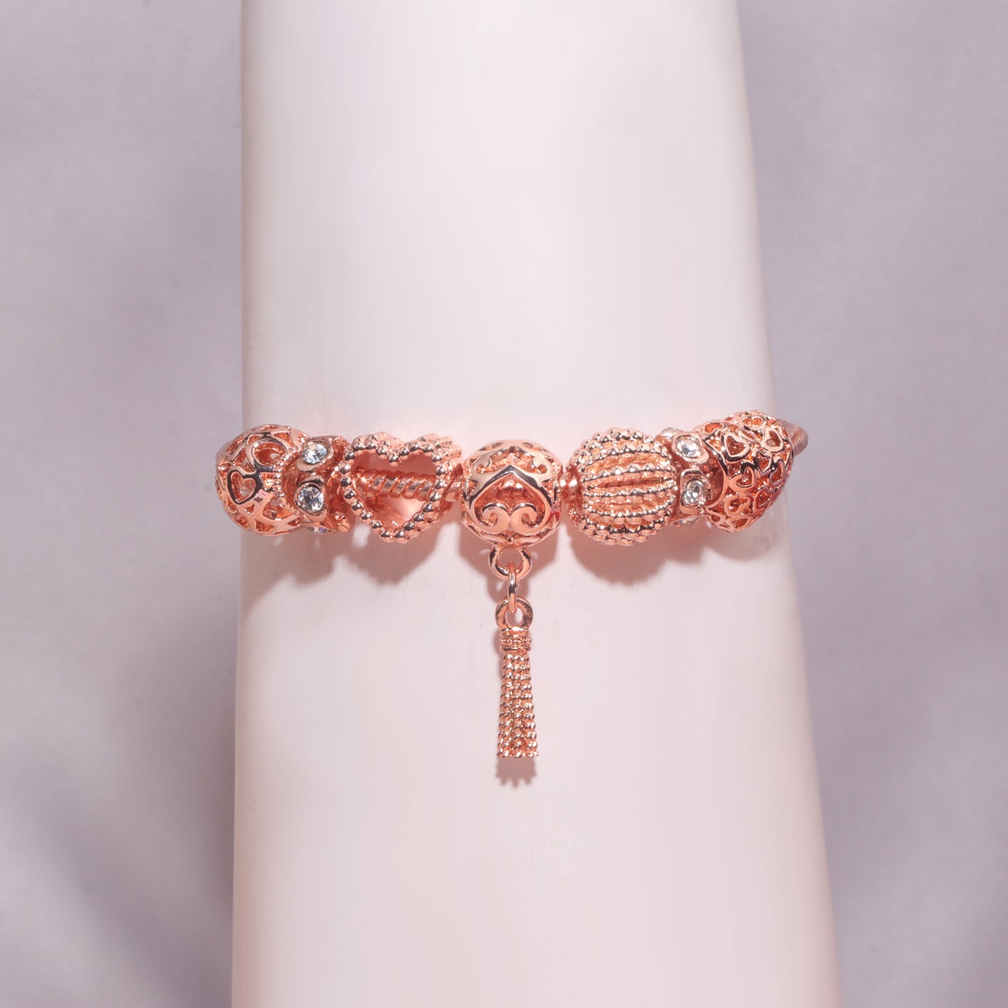 Rose Gold Hollow Carved Heart Bead Tassel Bracelet(20cm) V1132-NSSL73-20