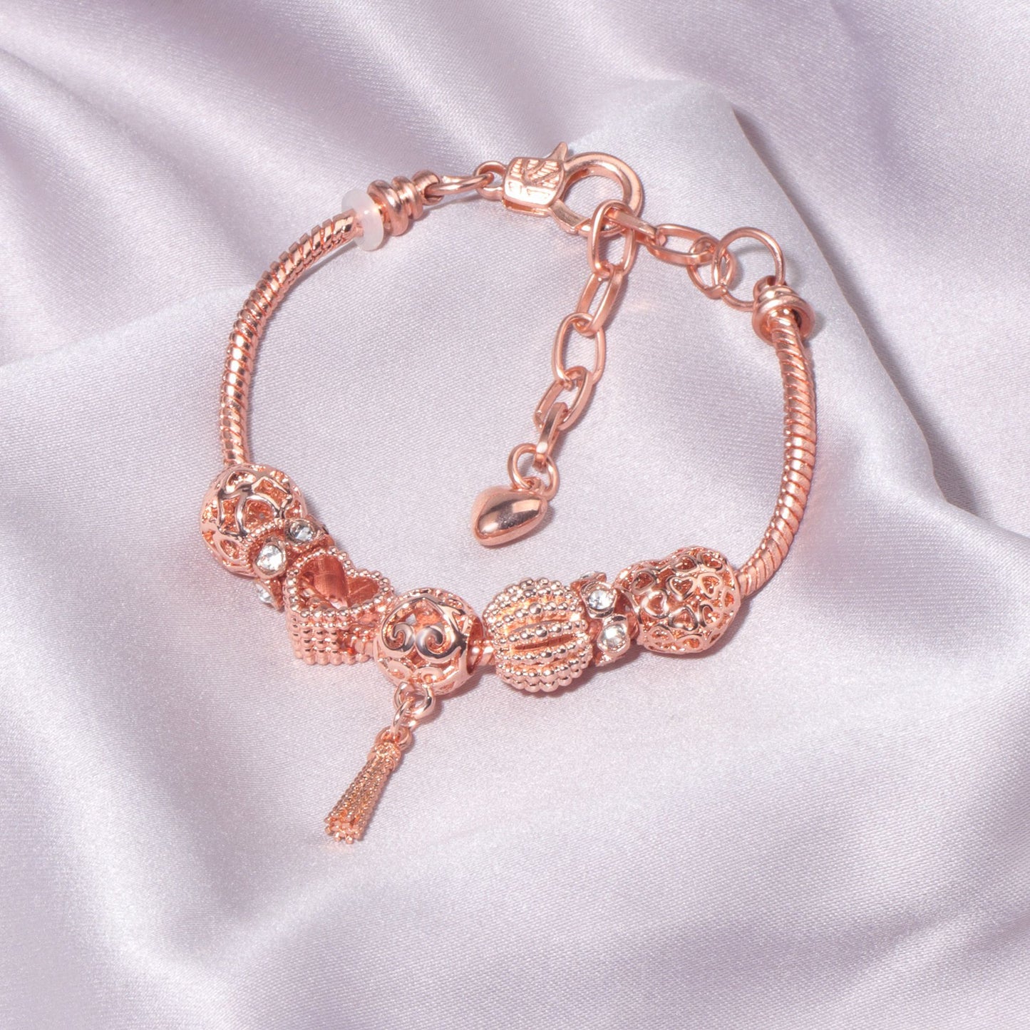 Rose Gold Hollow Carved Heart Bead Tassel Bracelet(20cm) V1132-NSSL73-20
