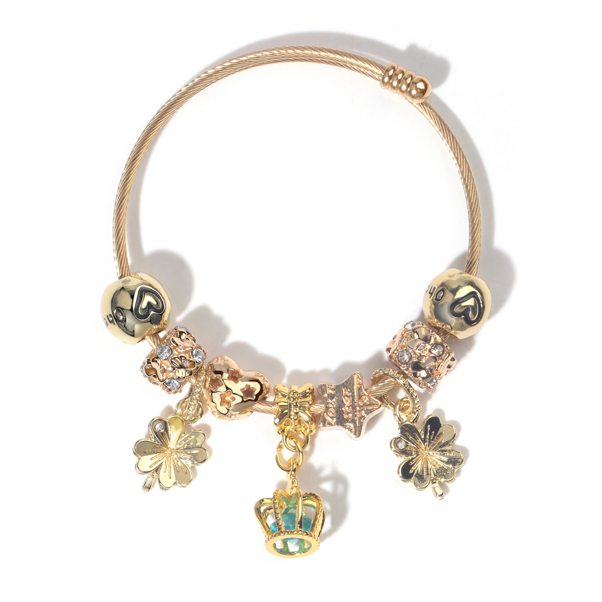 Vintage Love Flower Star Charm Beaded Crown Pendant DIY Open Bangle(18cm) V1132-NSSL74-18