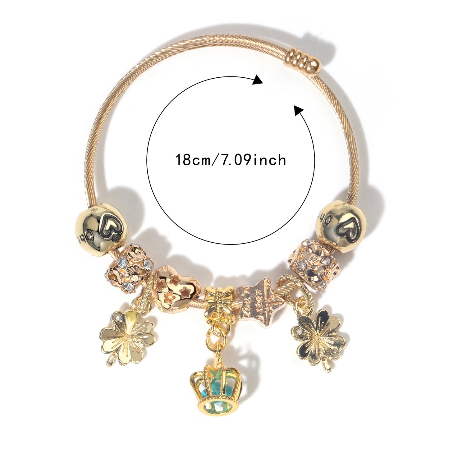 Vintage Love Flower Star Charm Beaded Crown Pendant DIY Open Bangle(18cm) V1132-NSSL74-18
