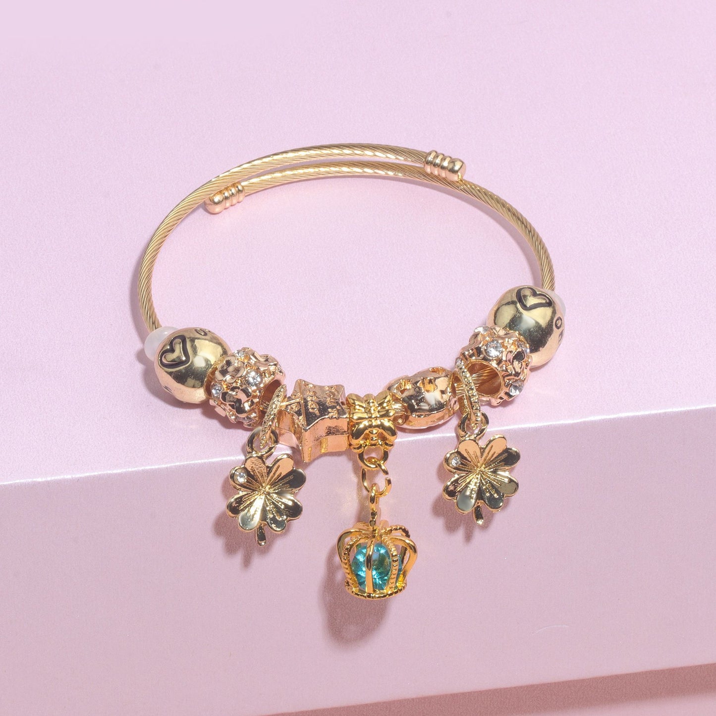 Vintage Love Flower Star Charm Beaded Crown Pendant DIY Open Bangle(18cm) V1132-NSSL74-18