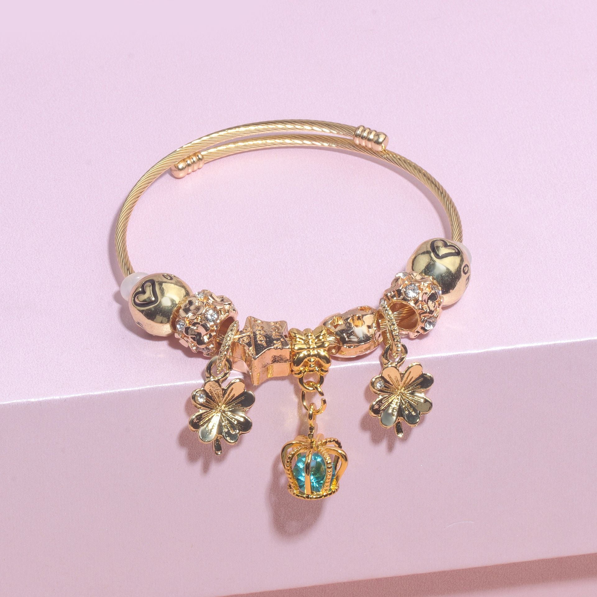 Vintage Love Flower Star Charm Beaded Crown Pendant DIY Open Bangle(18cm) V1132-NSSL74-18