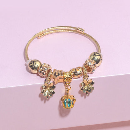 Vintage Love Flower Star Charm Beaded Crown Pendant DIY Open Bangle(18cm) V1132-NSSL74-18
