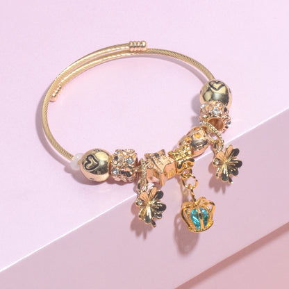 Vintage Love Flower Star Charm Beaded Crown Pendant DIY Open Bangle(18cm) V1132-NSSL74-18
