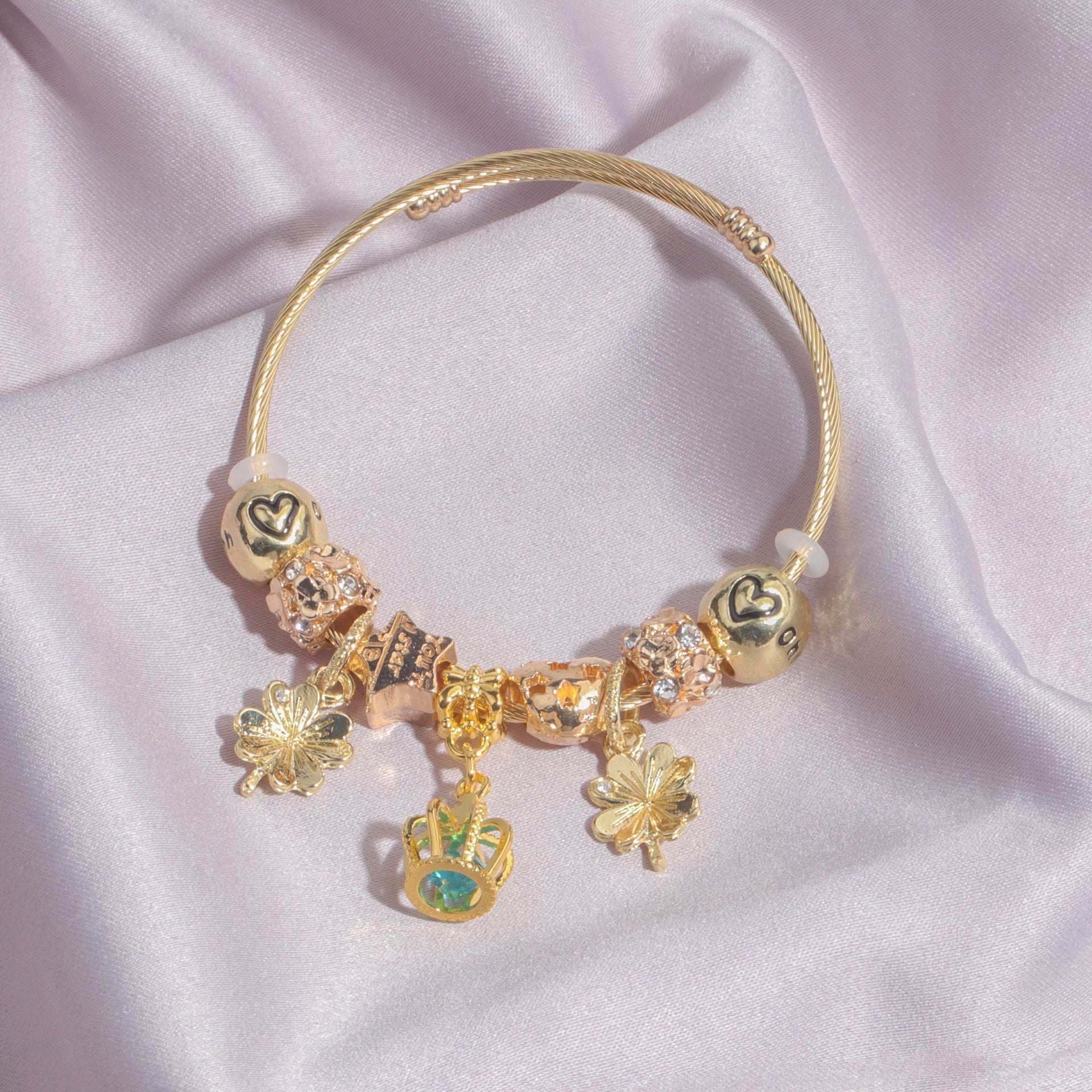Vintage Love Flower Star Charm Beaded Crown Pendant DIY Open Bangle(18cm) V1132-NSSL74-18