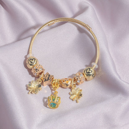 Vintage Love Flower Star Charm Beaded Crown Pendant DIY Open Bangle(18cm) V1132-NSSL74-18