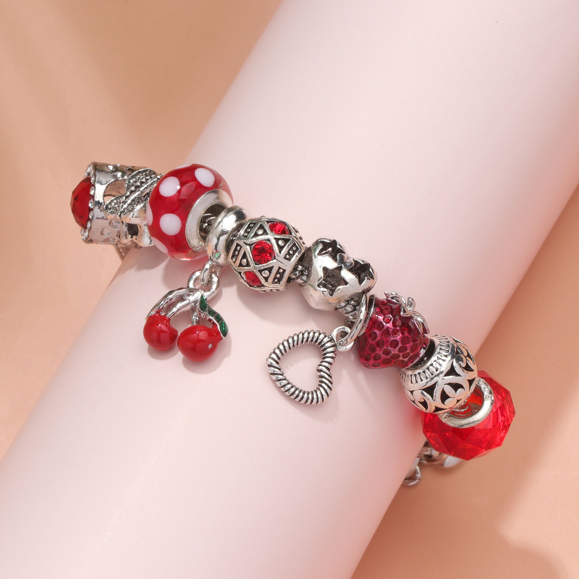 Charm Bracelet with Butterfly & Crystal Heart, Zinc Alloy(red,17cm) V1132-NSSL8-17