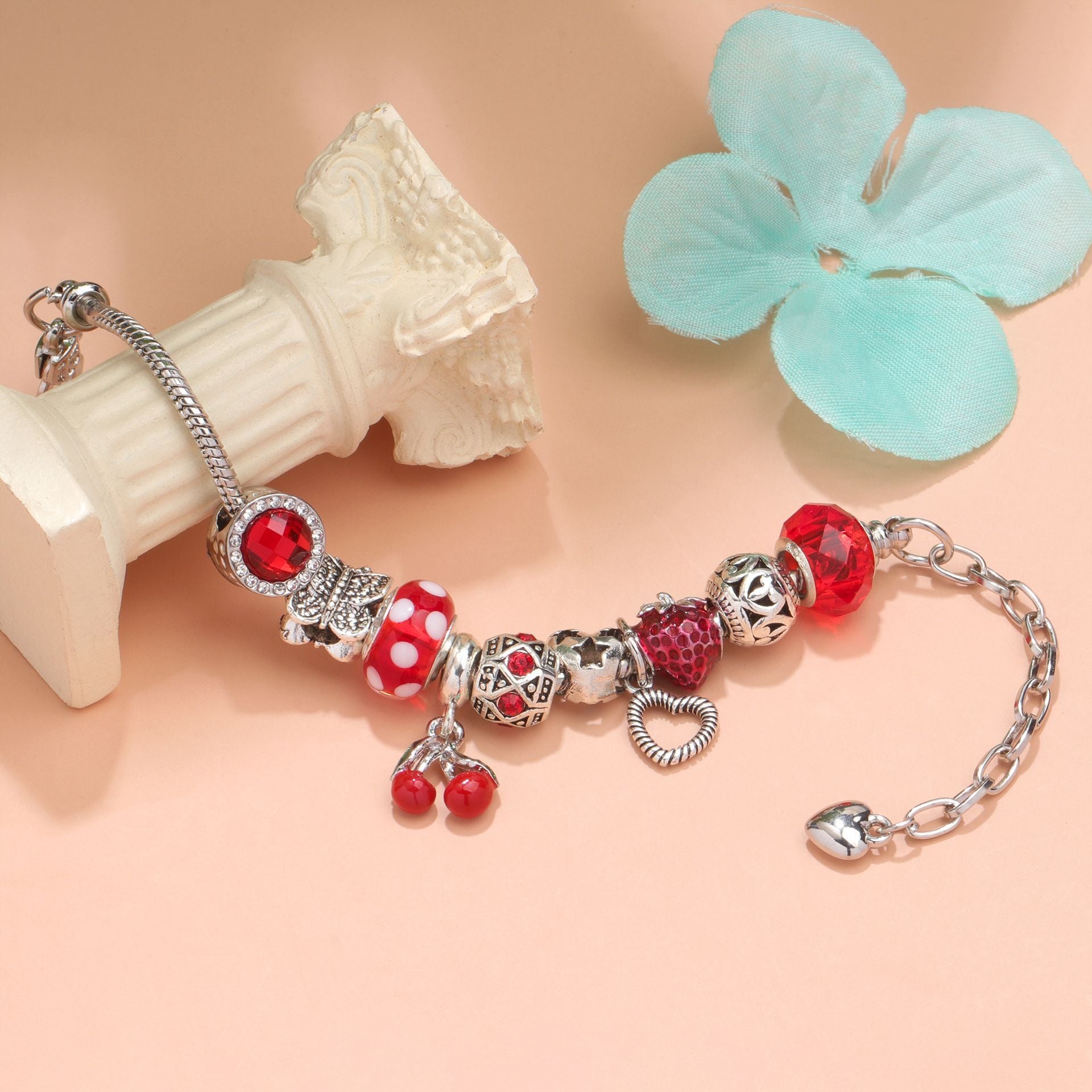 Charm Bracelet with Tortoise, Heart, Clover Pendant(red,19cm) V1132-NSSL8-19