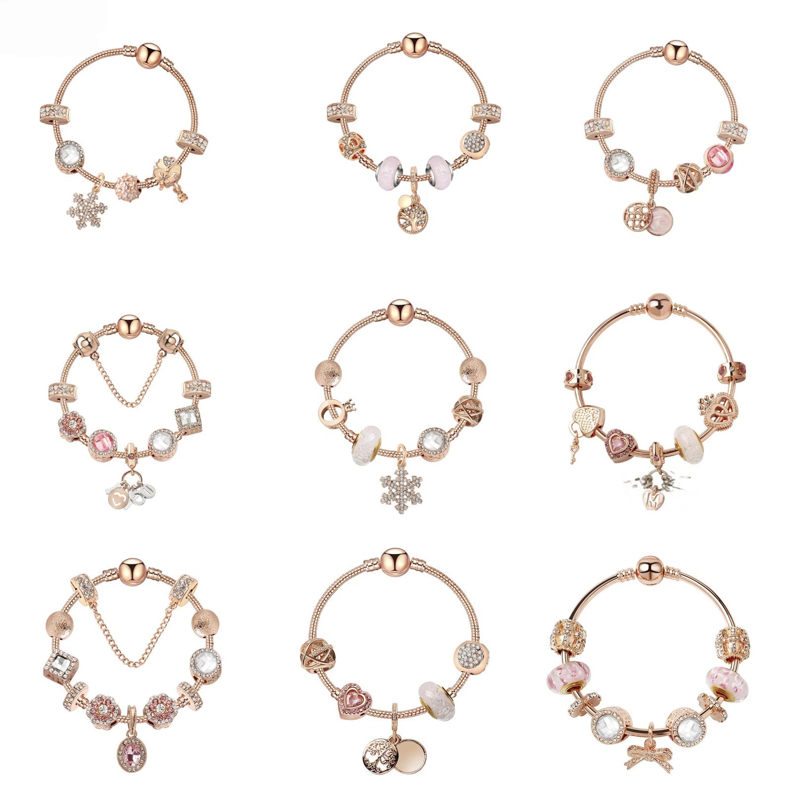 Glamorous Rose Gold Bracelet with Zircon, Glass Beads & Double Disc Pendant(17cm) V1132-NSSL80-17
