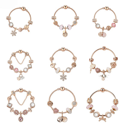 Glamorous Rose Gold Bracelet with Zircon, Glass Beads & Double Disc Pendant(18cm) V1132-NSSL80-18
