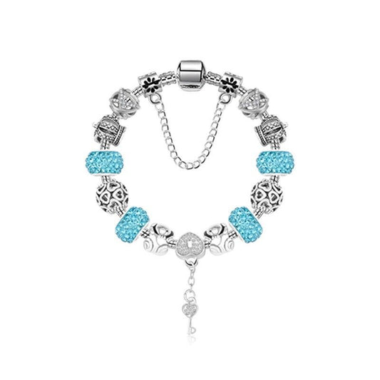 Stunning Rhinestone Charm Bracelet: Hollow Heart Beads + Crown Charms + Happy Key-Lock Pendant | Blue(18cm) V1132-NSSL86-BLUE-18