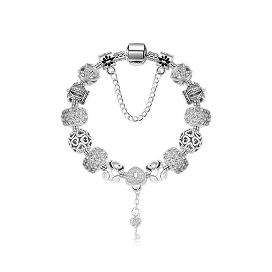 Stunning Rhinestone Charm Bracelet: Hollow Heart Beads + Crown Charms + Happy Key-Lock Pendant | Silver(21cm) V1132-NSSL86-SILVER-21