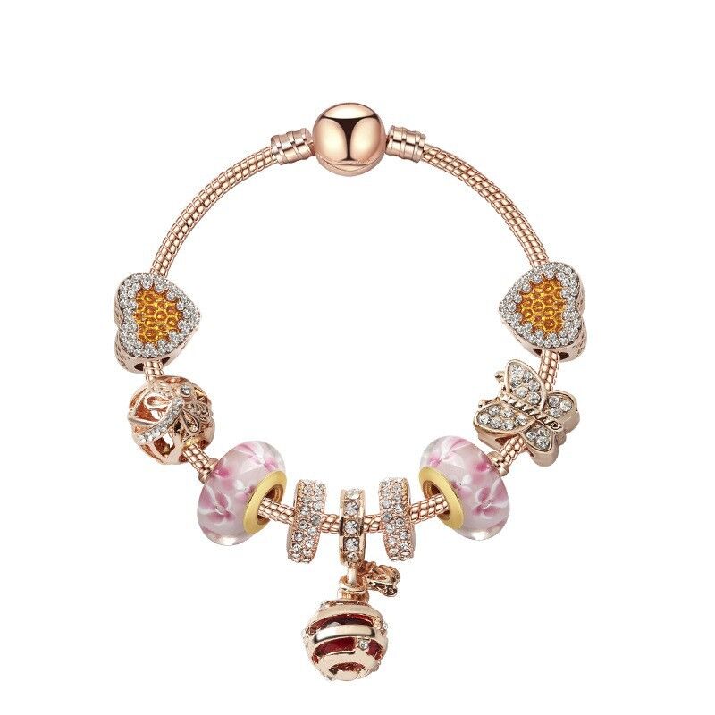 Gold Snake Pendant Bracelet: Rhinestone Resin, Zircon Butterfly & Beads(17cm) V1132-NSSL89-17