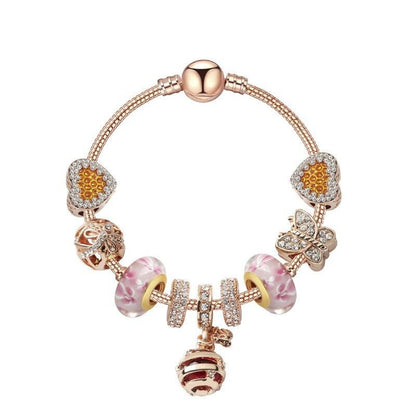 Gold Snake Pendant Bracelet: Rhinestone Resin, Zircon Butterfly & Beads(17cm) V1132-NSSL89-17