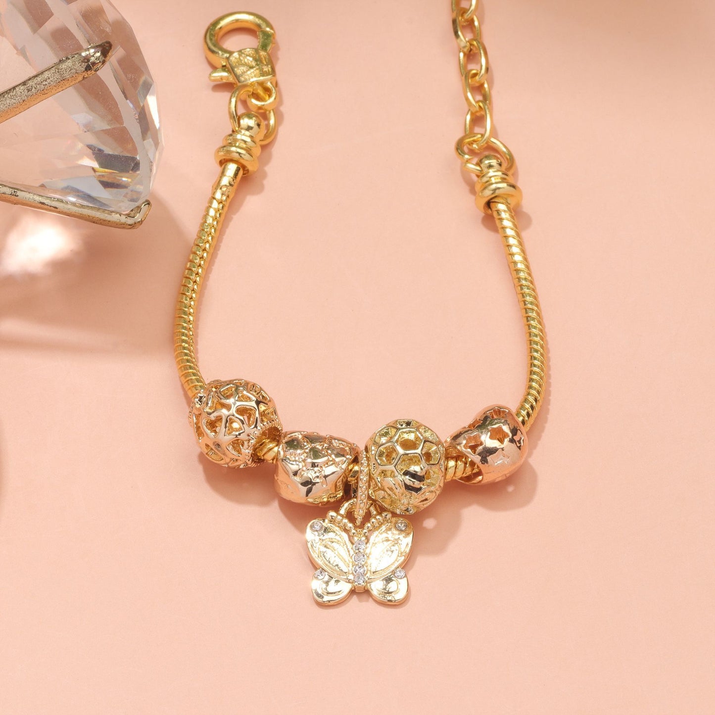 Hollow Beads Butterfly Heart Charm Bracele(yellow,19cm) V1132-NSSL9-YELLOW-19