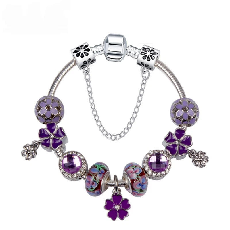 Purple Four Leaf Clover Pendant Bracelet - Sparkling Zircon Resin Glass Beads(20cm) V1132-NSSL91-20