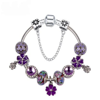 Purple Four Leaf Clover Pendant Bracelet - Sparkling Zircon Resin Glass Beads(21cm) V1132-NSSL91-21