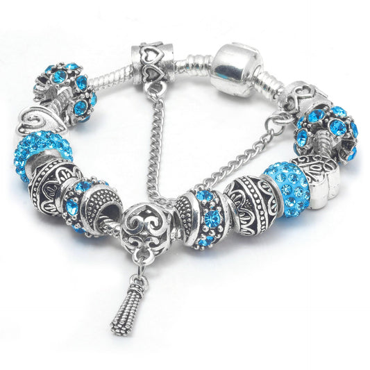 Women's Vintage Silver-Plated Charm Bracelet - Crystal-Embedded Hollow Carved Multi-Bead Fashion V1132-NSSL93-BLUE-17