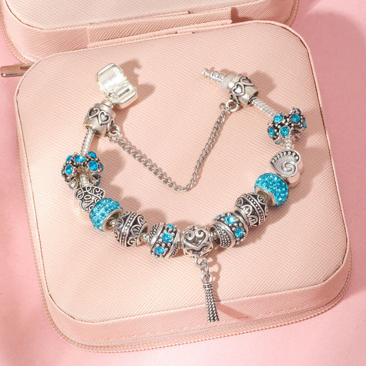 Women's Vintage Silver-Plated Charm Bracelet - Crystal-Embedded Hollow Carved Multi-Bead Fashion V1132-NSSL93-BLUE-17
