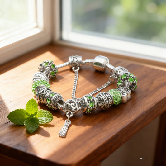 Women's Vintage Silver-Plated Charm Bracelet - Crystal-Embedded Hollow Carved Multi-Bead Fashion V1132-NSSL93-GREEN-17