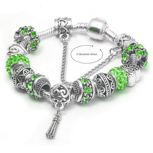 Women's Vintage Silver-Plated Charm Bracelet - Crystal-Embedded Hollow Carved Multi-Bead Fashion V1132-NSSL93-GREEN-19