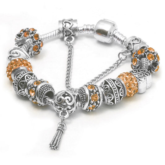 Women's Vintage Silver-Plated Charm Bracelet - Crystal-Embedded Hollow Carved Multi-Bead Fashion V1132-NSSL93-ORANGE-19