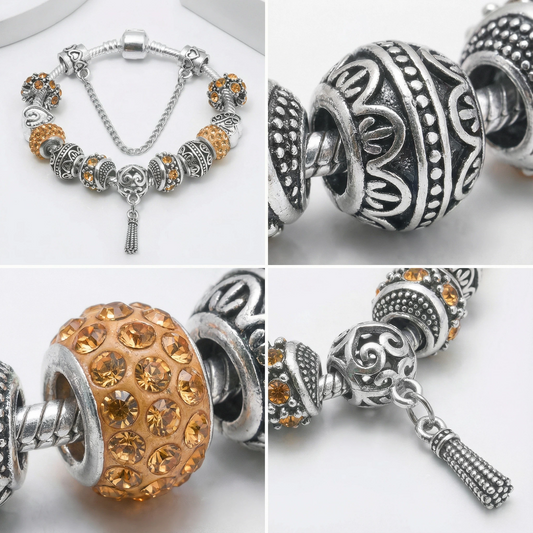 Women's Vintage Silver-Plated Charm Bracelet - Crystal-Embedded Hollow Carved Multi-Bead Fashion V1132-NSSL93-ORANGE-20