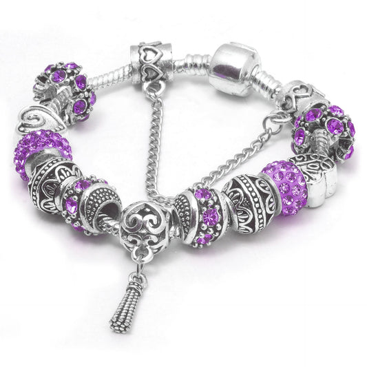 Women's Vintage Silver-Plated Charm Bracelet - Crystal-Embedded Hollow Carved Multi-Bead Fashion V1132-NSSL93-PURPLE-19